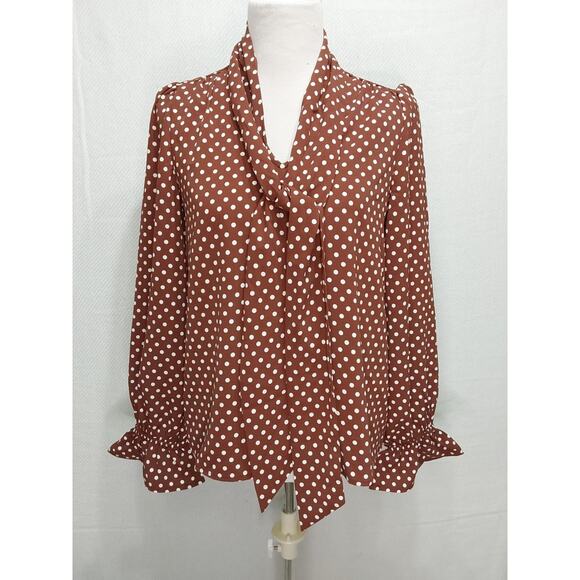 *NWT* Abbott Elementary XL Brown/White Dots Long Sleeve Blouse W/Tassele #L7 - Picture 2 of 4